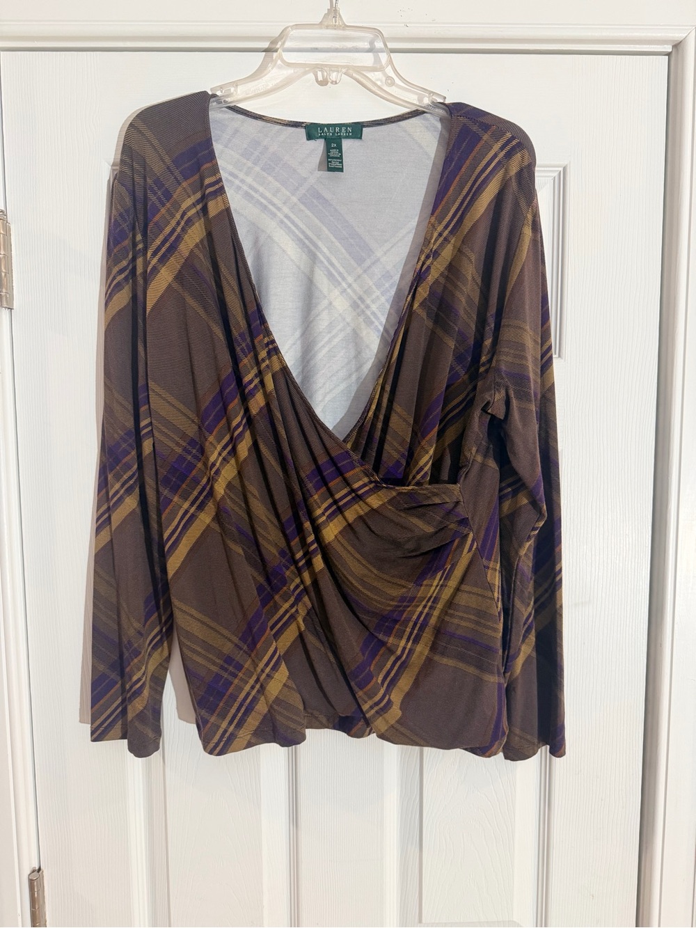 Ladies Size 2X "Lauren Ralph Lauren" Brown Plaid Faux-Wrap Long Sleeve Top GUC